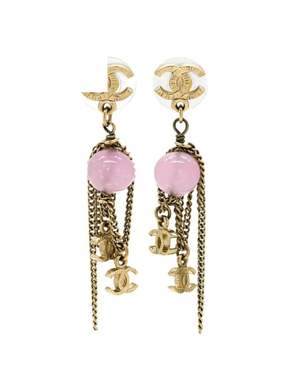 Chanel 09A Earrings CC Logo Color Stone Chain Pink Gold CC Mark Drop Swing